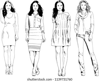 vector drawings on the theme of beautiful slim sporty girl in casual clothes in various poses painted ink hand sketch with no background

