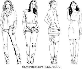 vector drawings on the theme of beautiful slim sporty girl in casual clothes in various poses painted ink hand sketch with no background
