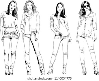 vector drawings on the theme of beautiful slim sporty girl in casual clothes in various poses painted ink hand sketch with no background

