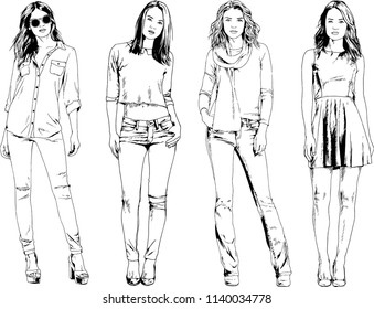 vector drawings on the theme of beautiful slim sporty girl in casual clothes in various poses painted ink hand sketch with no background
