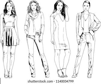 vector drawings on the theme of beautiful slim sporty girl in casual clothes in various poses painted ink hand sketch with no background
