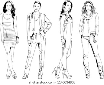 vector drawings on the theme of beautiful slim sporty girl in casual clothes in various poses painted ink hand sketch with no background
