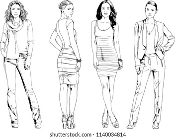 vector drawings on the theme of beautiful slim sporty girl in casual clothes in various poses painted ink hand sketch with no background
