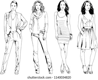 vector drawings on the theme of beautiful slim sporty girl in casual clothes in various poses painted ink hand sketch with no background
