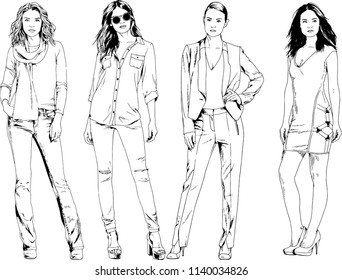 vector drawings on the theme of beautiful slim sporty girl in casual clothes in various poses painted ink hand sketch with no background
