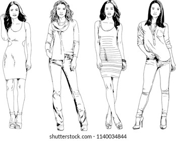 vector drawings on the theme of beautiful slim sporty girl in casual clothes in various poses painted ink hand sketch with no background
