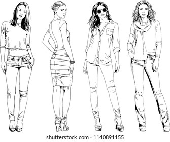 vector drawings on the theme of beautiful slim sporty girl in casual clothes in various poses painted ink hand sketch with no background