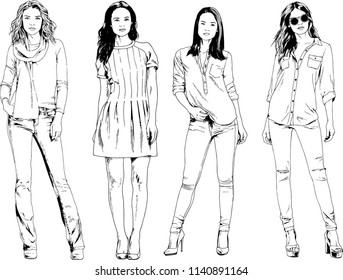 vector drawings on the theme of beautiful slim sporty girl in casual clothes in various poses painted ink hand sketch with no background