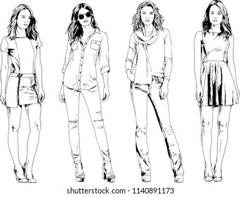 vector drawings on the theme of beautiful slim sporty girl in casual clothes in various poses painted ink hand sketch with no background