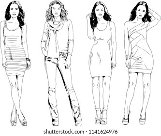vector drawings on the theme of beautiful slim sporty girl in casual clothes in various poses painted ink hand sketch with no background