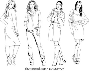 vector drawings on the theme of beautiful slim sporty girl in casual clothes in various poses painted ink hand sketch with no background