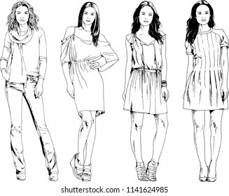 vector drawings on the theme of beautiful slim sporty girl in casual clothes in various poses painted ink hand sketch with no background