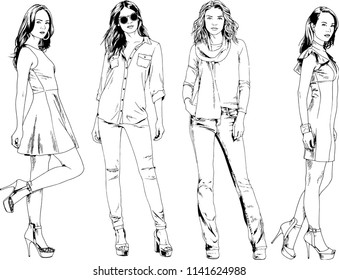 vector drawings on the theme of beautiful slim sporty girl in casual clothes in various poses painted ink hand sketch with no background