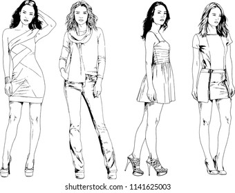 vector drawings on the theme of beautiful slim sporty girl in casual clothes in various poses painted ink hand sketch with no background