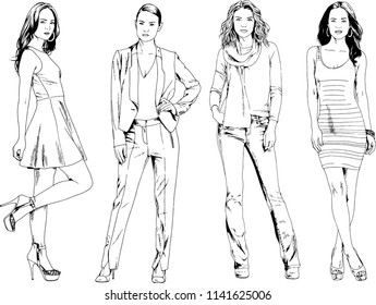 vector drawings on the theme of beautiful slim sporty girl in casual clothes in various poses painted ink hand sketch with no background