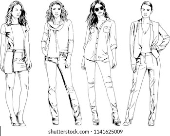 vector drawings on the theme of beautiful slim sporty girl in casual clothes in various poses painted ink hand sketch with no background