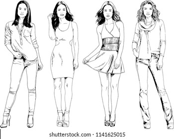 vector drawings on the theme of beautiful slim sporty girl in casual clothes in various poses painted ink hand sketch with no background