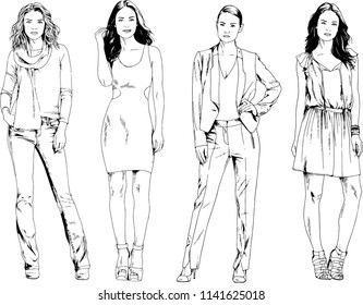 vector drawings on the theme of beautiful slim sporty girl in casual clothes in various poses painted ink hand sketch with no background