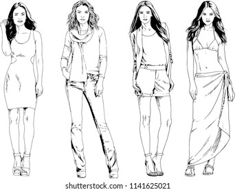 vector drawings on the theme of beautiful slim sporty girl in casual clothes in various poses painted ink hand sketch with no background