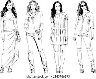 vector drawings on the theme of beautiful slim sporty girl in casual clothes in various poses painted ink hand sketch with no background