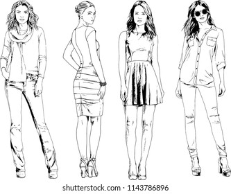 vector drawings on the theme of beautiful slim sporty girl in casual clothes in various poses painted ink hand sketch with no background