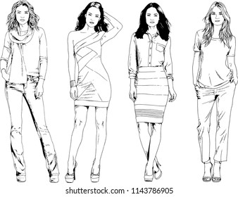 vector drawings on the theme of beautiful slim sporty girl in casual clothes in various poses painted ink hand sketch with no background