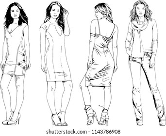 vector drawings on the theme of beautiful slim sporty girl in casual clothes in various poses painted ink hand sketch with no background