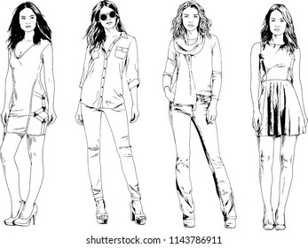 vector drawings on the theme of beautiful slim sporty girl in casual clothes in various poses painted ink hand sketch with no background