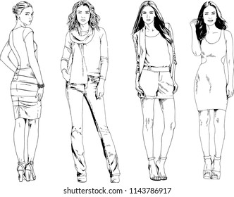 vector drawings on the theme of beautiful slim sporty girl in casual clothes in various poses painted ink hand sketch with no background