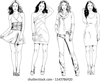 vector drawings on the theme of beautiful slim sporty girl in casual clothes in various poses painted ink hand sketch with no background