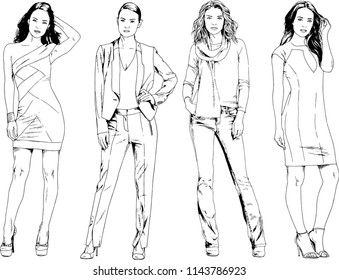 vector drawings on the theme of beautiful slim sporty girl in casual clothes in various poses painted ink hand sketch with no background