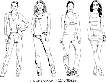 vector drawings on the theme of beautiful slim sporty girl in casual clothes in various poses painted ink hand sketch with no background