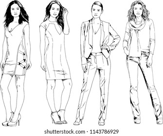 vector drawings on the theme of beautiful slim sporty girl in casual clothes in various poses painted ink hand sketch with no background