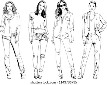 vector drawings on the theme of beautiful slim sporty girl in casual clothes in various poses painted ink hand sketch with no background