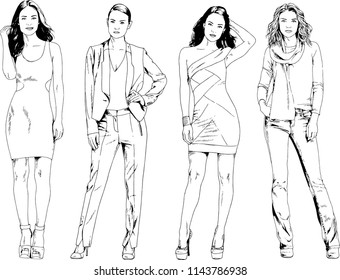 vector drawings on the theme of beautiful slim sporty girl in casual clothes in various poses painted ink hand sketch with no background