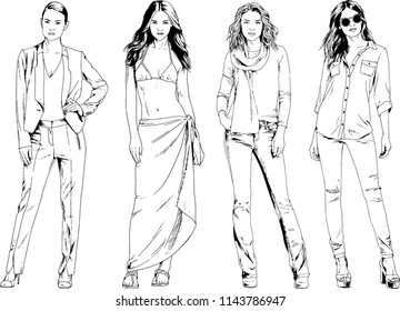 vector drawings on the theme of beautiful slim sporty girl in casual clothes in various poses painted ink hand sketch with no background