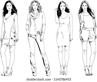 vector drawings on the theme of beautiful slim sporty girl in casual clothes in various poses painted ink hand sketch with no background