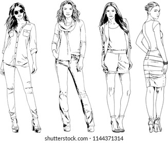 vector drawings on the theme of beautiful slim sporty girl in casual clothes in various poses painted ink hand sketch with no background