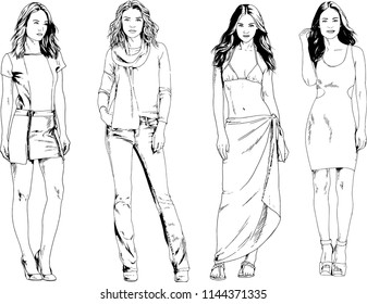 vector drawings on the theme of beautiful slim sporty girl in casual clothes in various poses painted ink hand sketch with no background