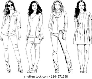 vector drawings on the theme of beautiful slim sporty girl in casual clothes in various poses painted ink hand sketch with no background