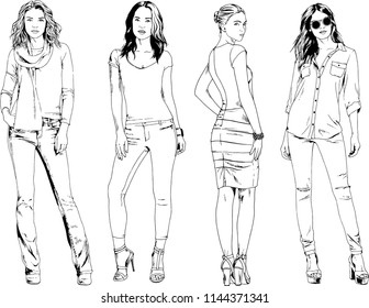 vector drawings on the theme of beautiful slim sporty girl in casual clothes in various poses painted ink hand sketch with no background