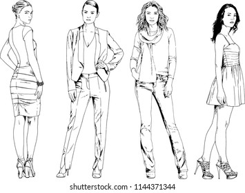vector drawings on the theme of beautiful slim sporty girl in casual clothes in various poses painted ink hand sketch with no background
