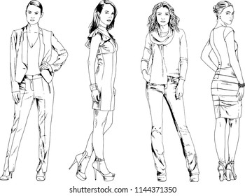 vector drawings on the theme of beautiful slim sporty girl in casual clothes in various poses painted ink hand sketch with no background