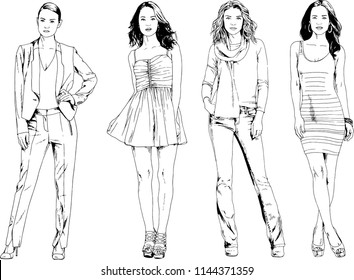 vector drawings on the theme of beautiful slim sporty girl in casual clothes in various poses painted ink hand sketch with no background
