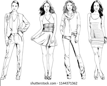 vector drawings on the theme of beautiful slim sporty girl in casual clothes in various poses painted ink hand sketch with no background