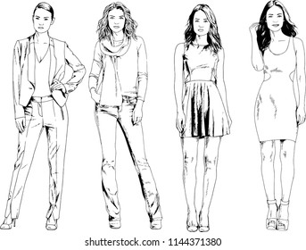 vector drawings on the theme of beautiful slim sporty girl in casual clothes in various poses painted ink hand sketch with no background