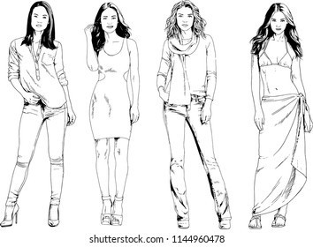vector drawings on the theme of beautiful slim sporty girl in casual clothes in various poses painted ink hand sketch with no background