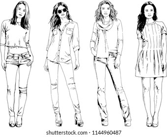 vector drawings on the theme of beautiful slim sporty girl in casual clothes in various poses painted ink hand sketch with no background