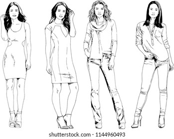 vector drawings on the theme of beautiful slim sporty girl in casual clothes in various poses painted ink hand sketch with no background