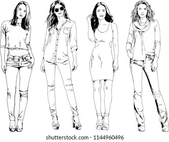 vector drawings on the theme of beautiful slim sporty girl in casual clothes in various poses painted ink hand sketch with no background